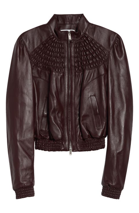 Smocked Lambskin Leather Bomber Jacket