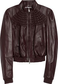 McQueen Smocked Lambskin Leather Bomber Jacket
