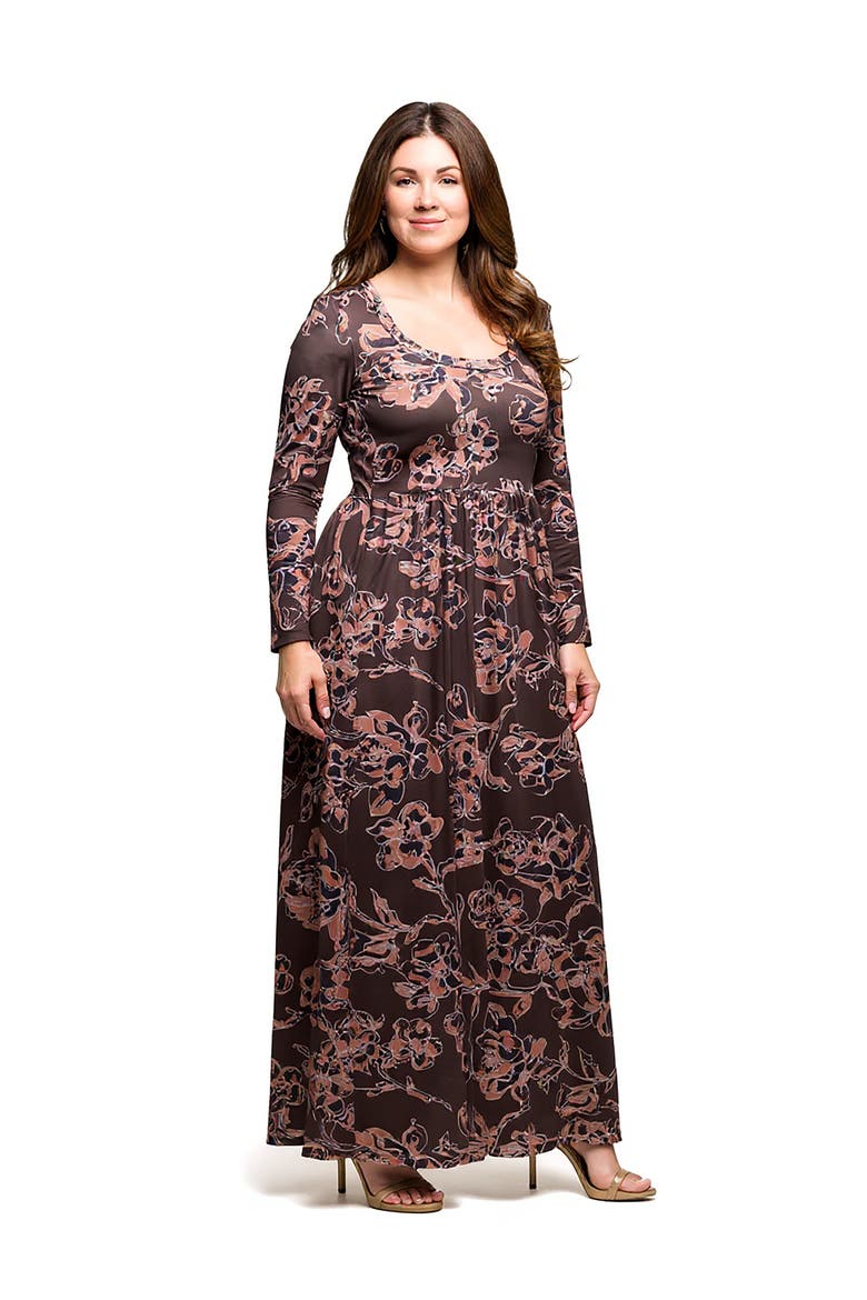 Floral Long Sleeve Scoop Neck Maxi Dress, Alternate, color, Brown Multi