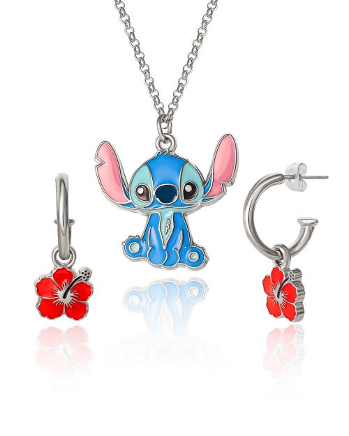 Disney Lilo & Stitch Jewelry Set, Flower Charm Hoop Earrings, 16+3" Necklace In Multi