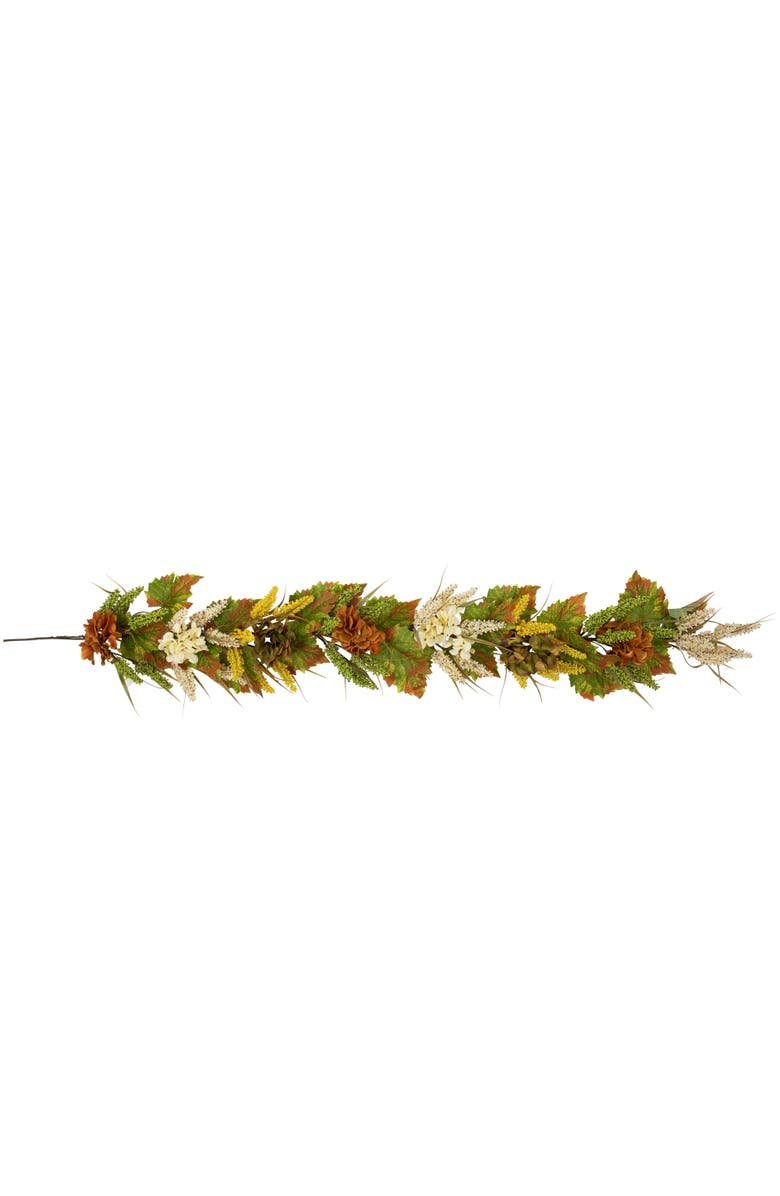 Northlight Hydrangea, Pib Berry and Maple Floral Artificial Fall Harvest Garland - 5' x 10", Main, color, Green