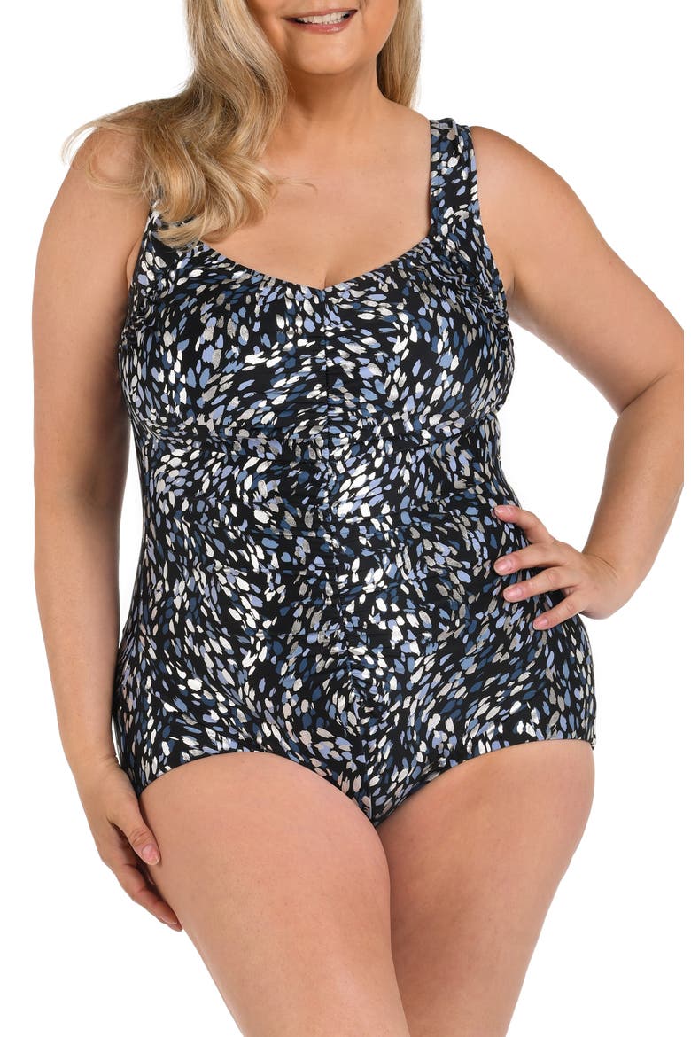 Shirred Girl Leg One-Piece Swimsuit, Main, color, BLACK