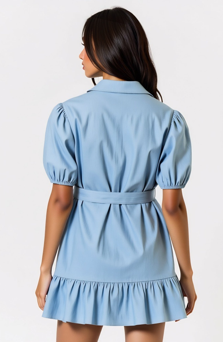 Modenaire Short Sleeve Belted Button-Up Mini Dress with Puff Sleeves, Alternate, color, Blue