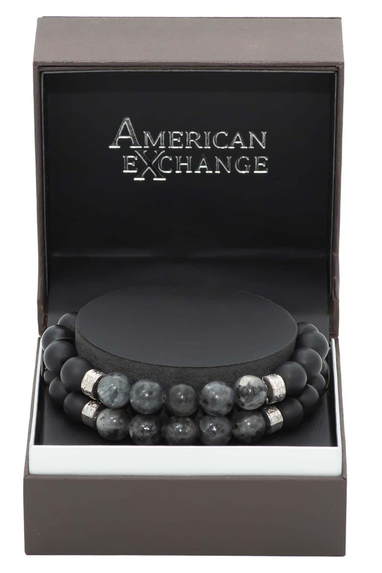 Black Wood & Grey Labradorite Beaded Stretch Bracelet Set, Alternate, color, GUN METAL