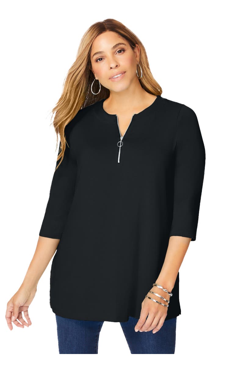 Jessica London Stretch Knit Zip Tunic, Main, color, Black