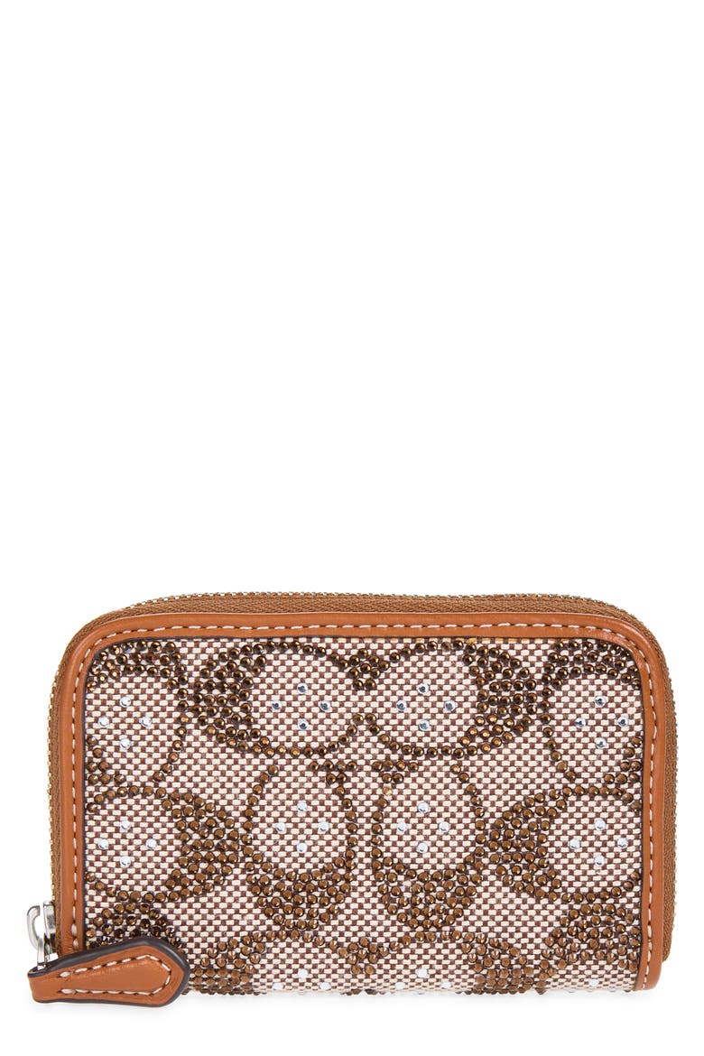Small Crystal Signature Logo Jacquard Zip Around Card Holder, Main, color, MUSHROOM