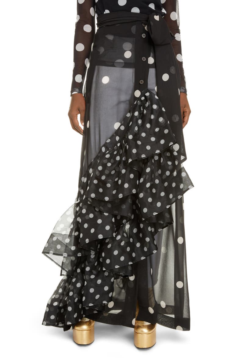 Sikar Dot Ruffle Sheer Maxi Skirt, Main, color, BLACK