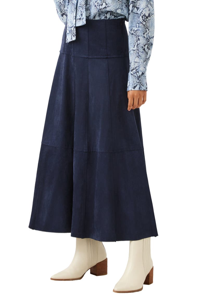 Tiered Faux Suede Midi Skirt, Alternate, color, NAVY