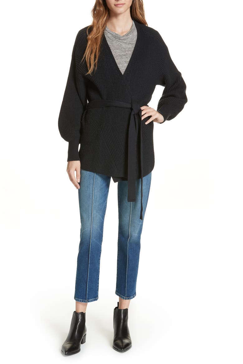 Puff Sleeve Belted Cardigan, Main, color, NOIR