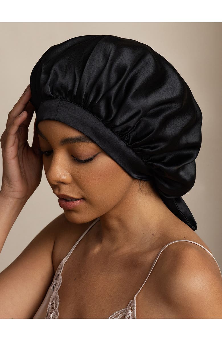 SILKSILKY Women's Mulberry Silk Bonnet with Long Ribbons, Main, color, Black