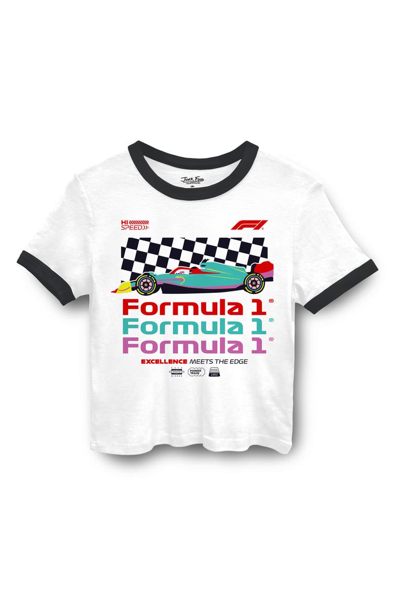 Junk Food Formula 1 Graphic Cropped Ringer T-Shirt, Main, color, White/ Black