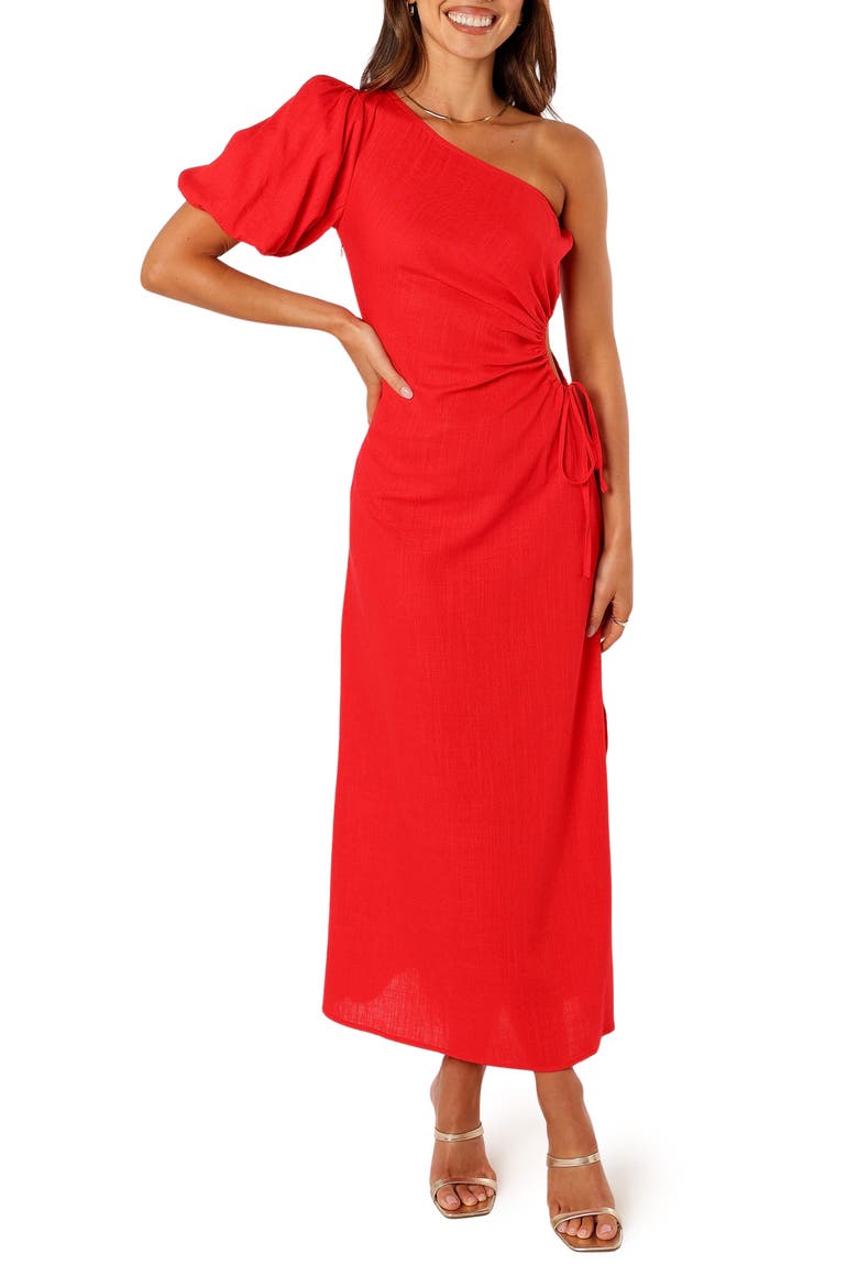 Kimmie Cutout Puff Sleeve One-Shoulder Maxi Dress, Main, color, RED
