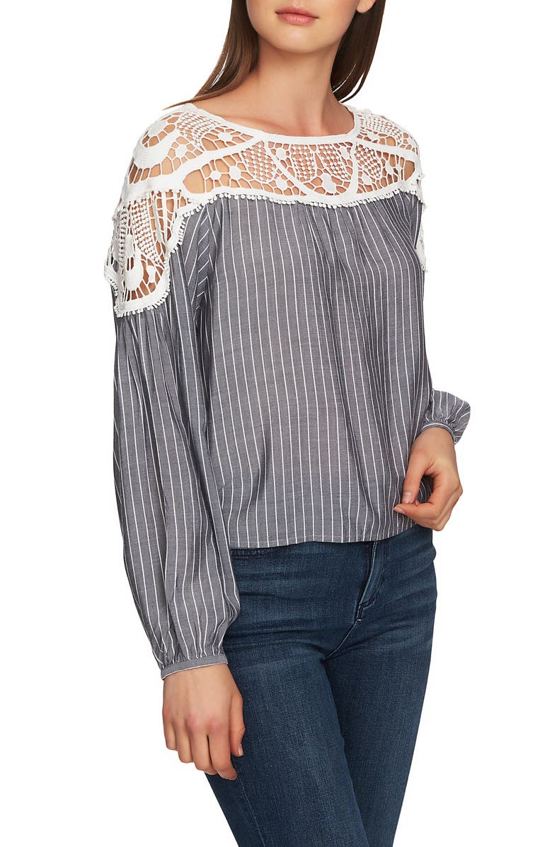 1.STATE Lace Yoke Pinstripe Blouse, Alternate, color, Rich Black