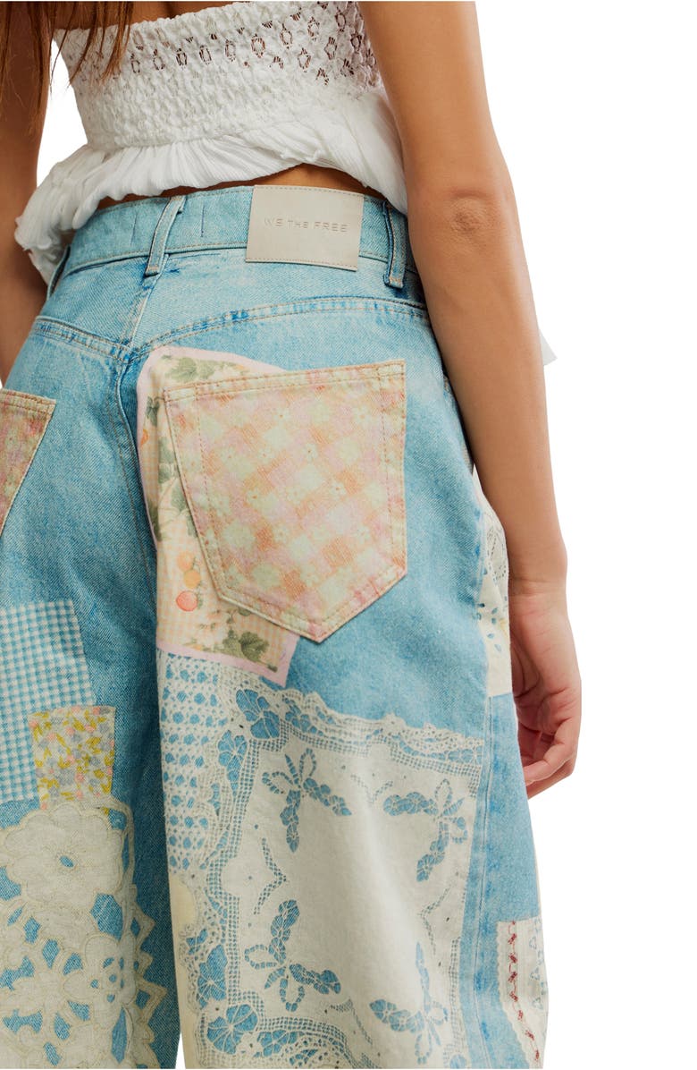 Free People Illusions Patchwork Barrel Leg Jeans, Alternate, color, Sky Combo
