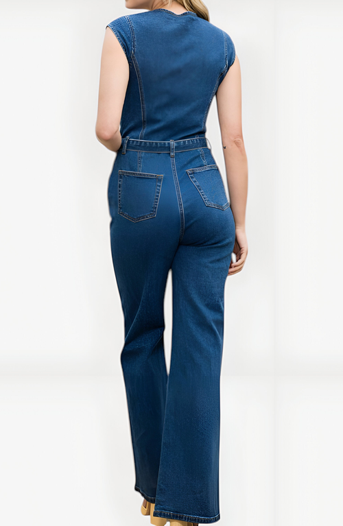 Modenaire Denim Zip Front Belted Sweetheart Neckline Wide-leg Jumpsuit In Blue