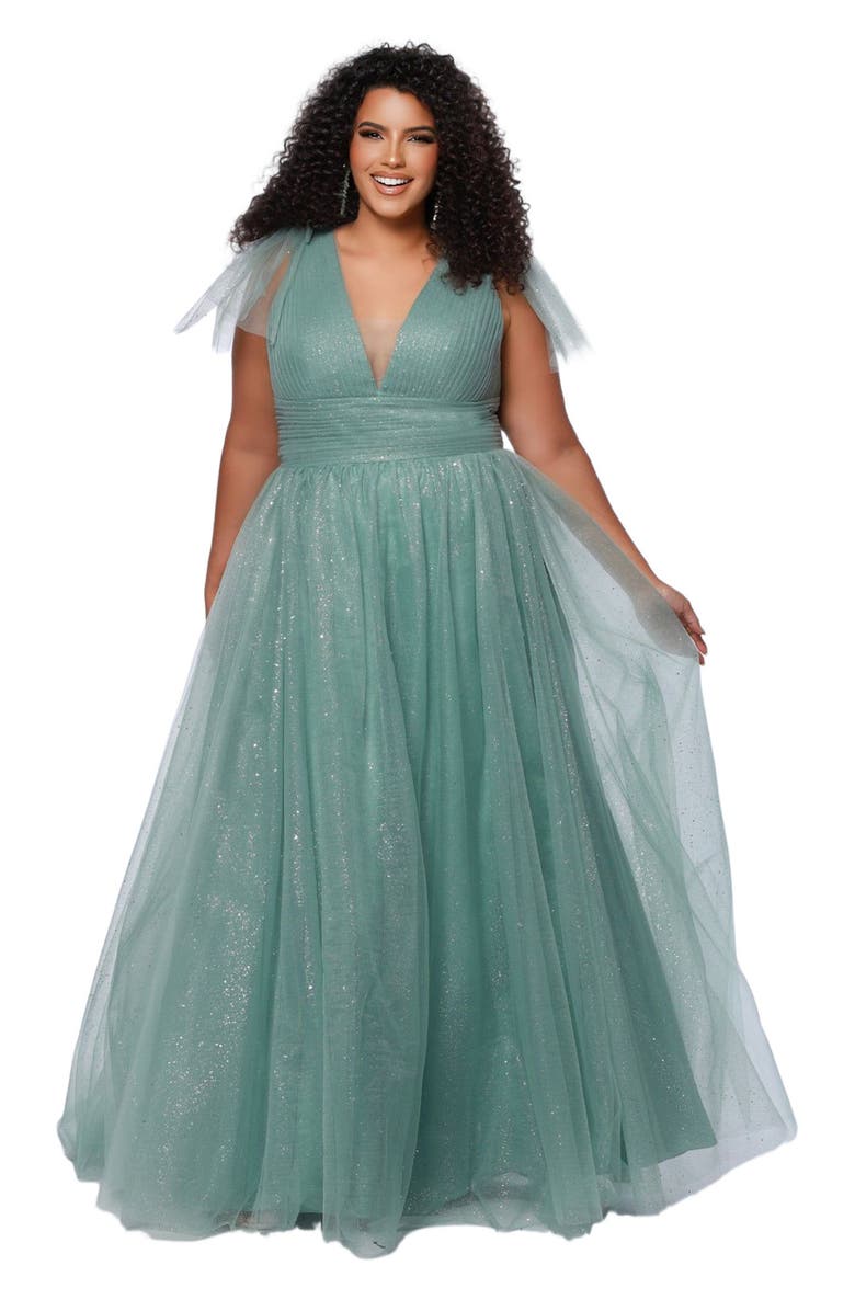 Sydney's Closet V-Neckline Bra-Friendly Plus Size A-line Gown with Bows, Alternate, color, Sage