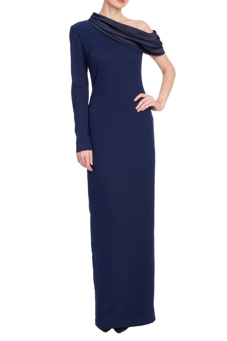 One-Shoulder Drape Neck Stretch Mikado Gown, Main, color, NAVY
