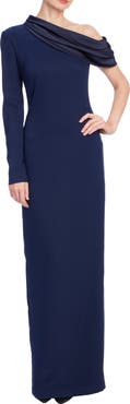 Badgley Mischka Collection One-Shoulder Drape Neck Stretch Mikado Gown