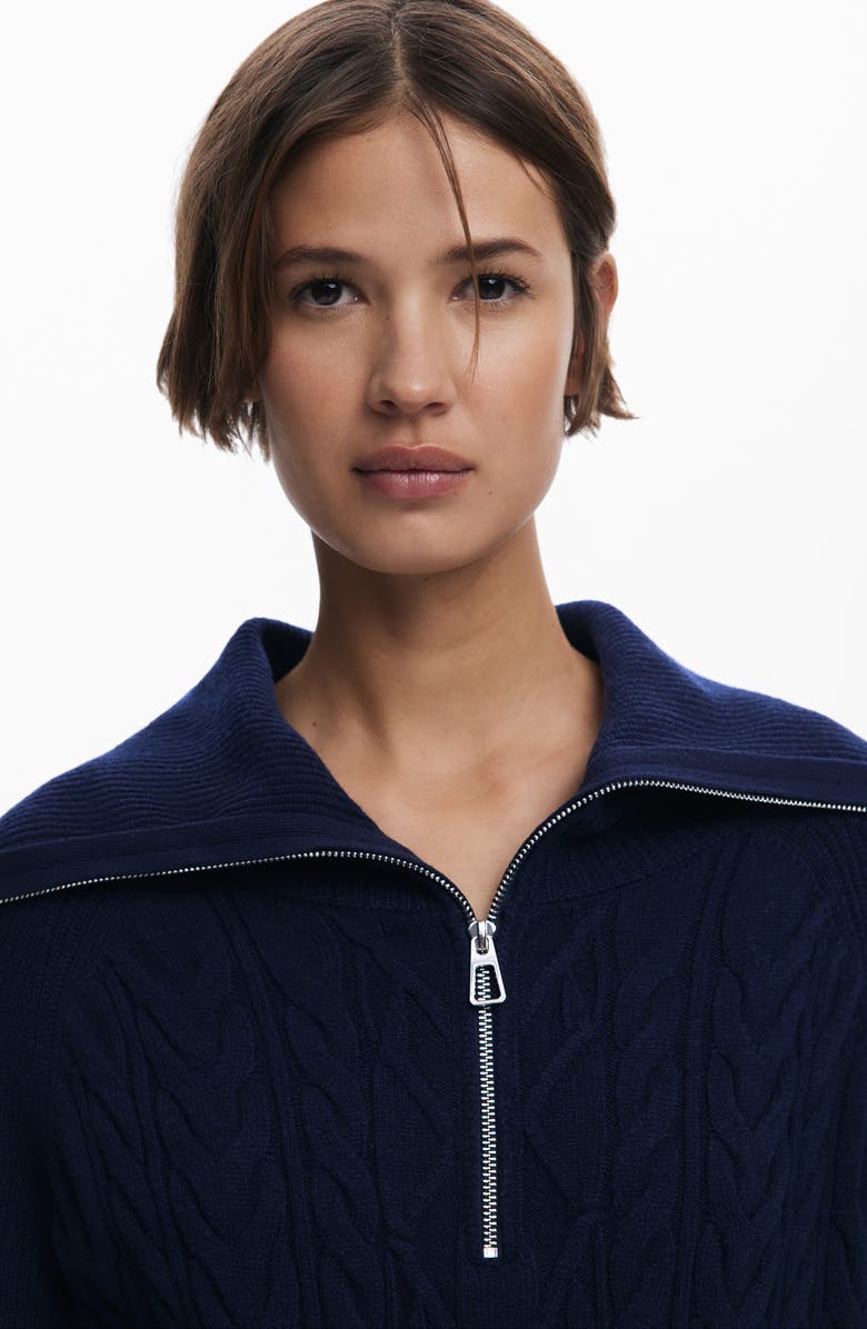 Desigual Mixed Media Oversize Cable Half Zip Sweater, Alternate, color, Navy Blue