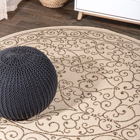 Charleston Vintage Filigree Textured Weave Indoor/Outdoor Round Area Rug