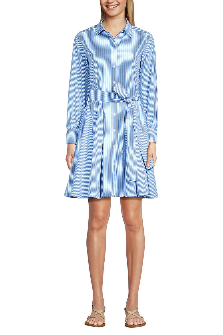 Poplin Button Front Dress with Godets, Alternate, color, Blue/White Mini Stripe