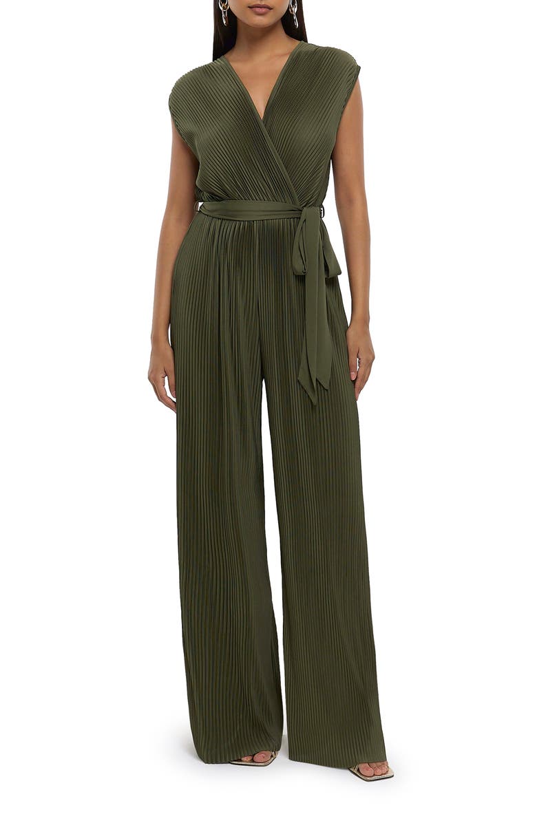 River Island Plissé Surplice Wide Leg Jumpsuit, Main, color, 