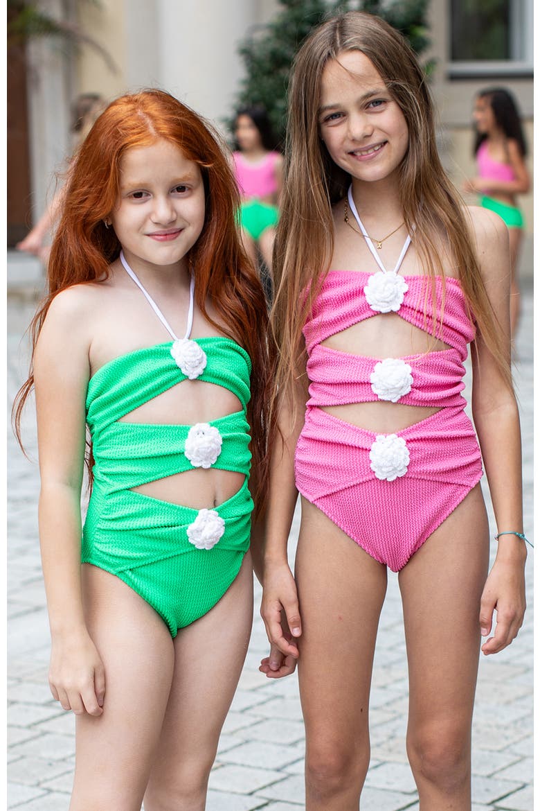 Hand-Made Crochet Flower Detail Cut-Out One Piece Swimsuit, Little Kid-Big Kid, Alternate, color, Green