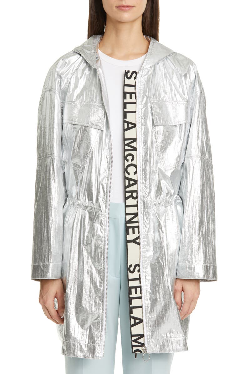 Stella McCartney Noelia Logo Tape Metallic Hooded Parka, Main, color, 