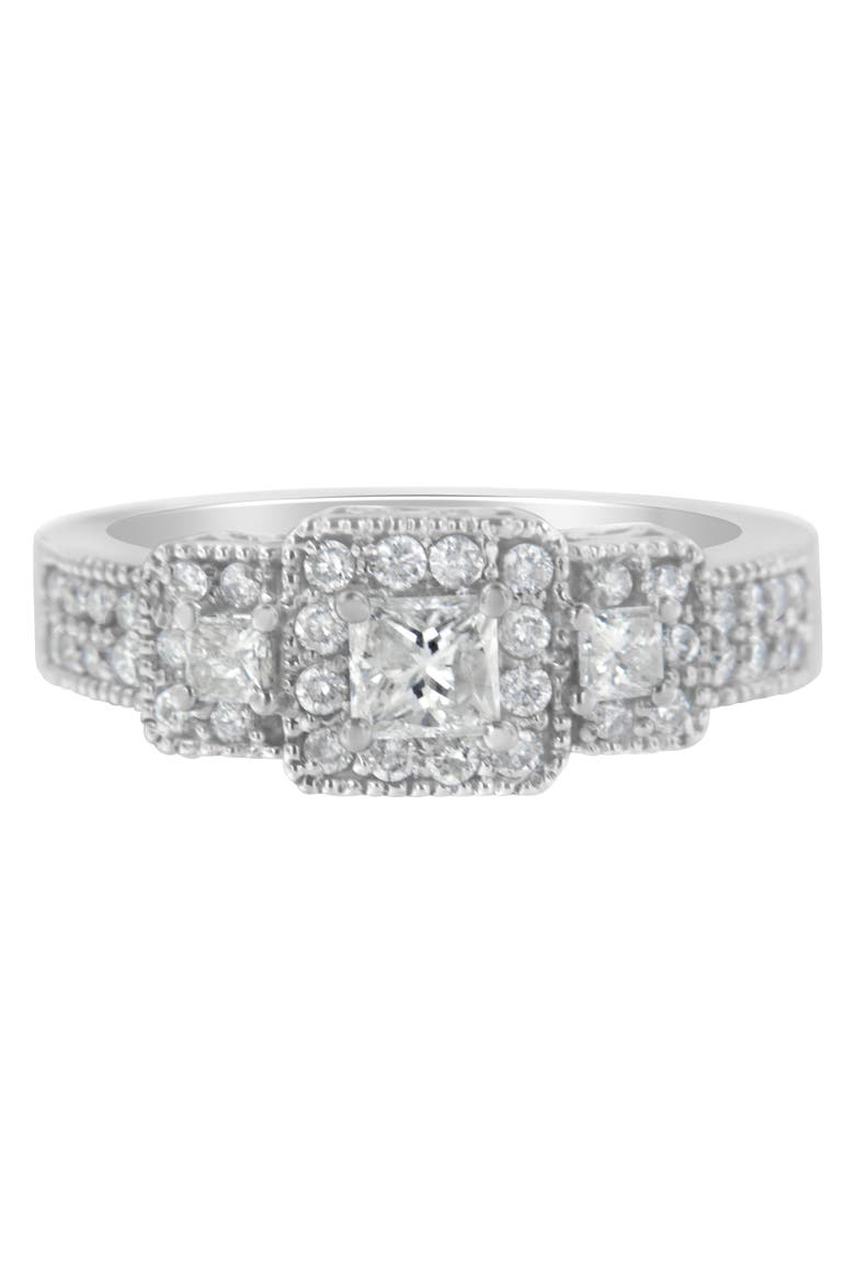 14K White Gold Round and Princess-Cut Diamond Three Stone Ring, Alternate, color, White Gold