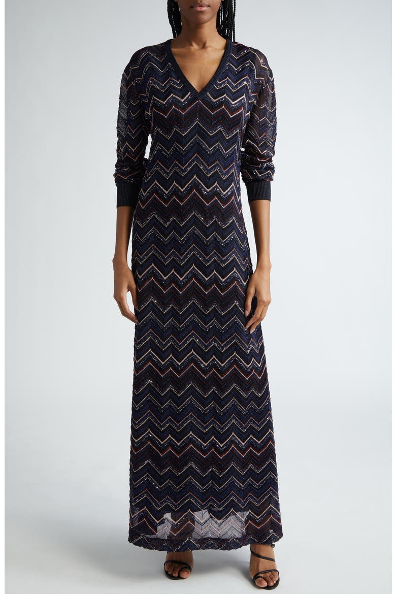 Sparkly Sequin Long Sleeve Shimmer Chevron Knit Maxi Dress, Main, color, MULTICOLOR DARK BLUE TONES