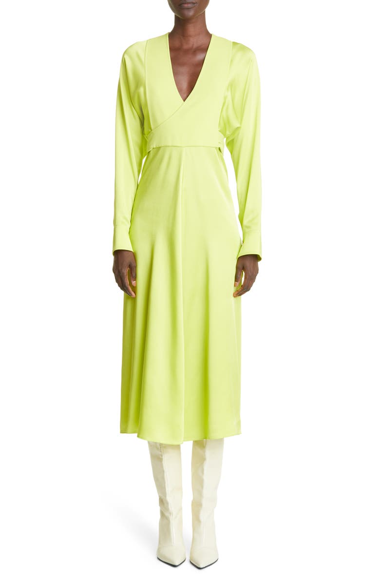 Victoria Beckham Long Sleeve Satin Wrap Midi Dress, Main, color,