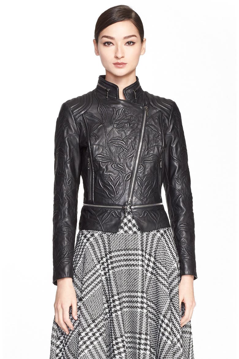 Embossed Lambskin Leather Jacket, Main, color, BLACK