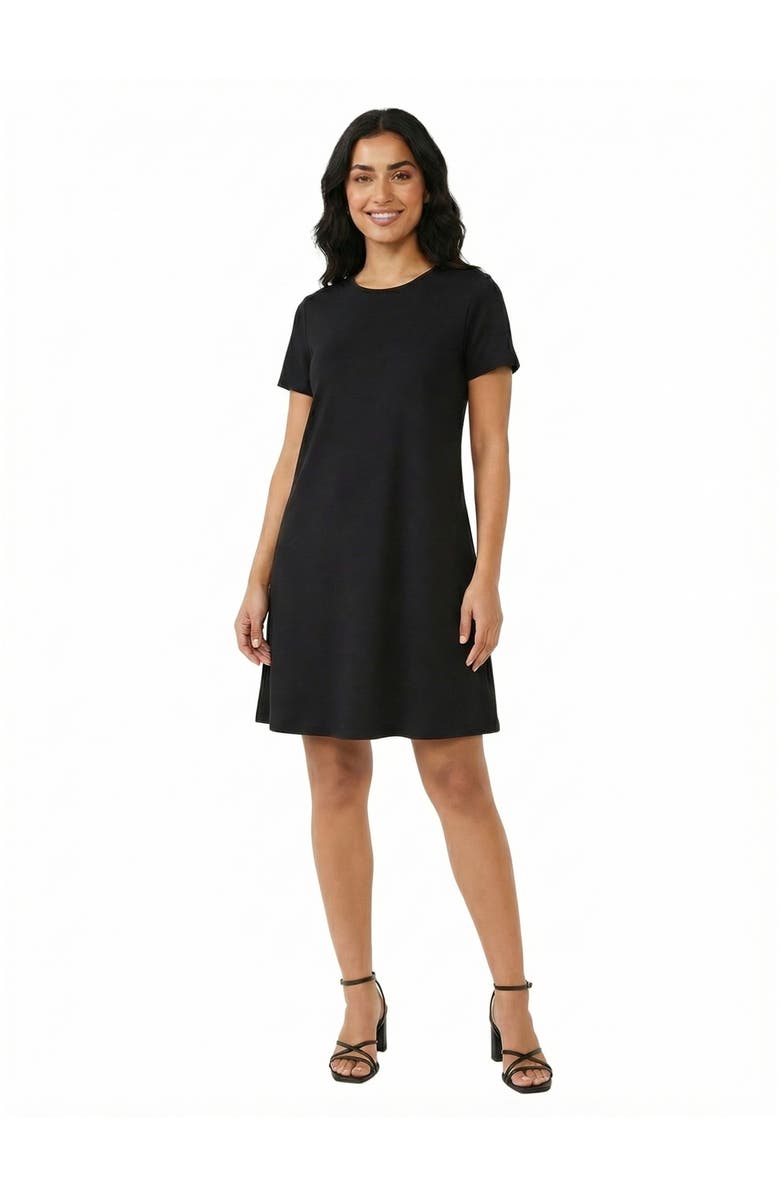 24seven Comfort Apparel Essential Petite Short Sleeve Round Neck Mini Shift Dress, Main, color, Black