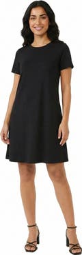 24seven Comfort Apparel Essential Petite Short Sleeve Round Neck Mini Shift Dress
