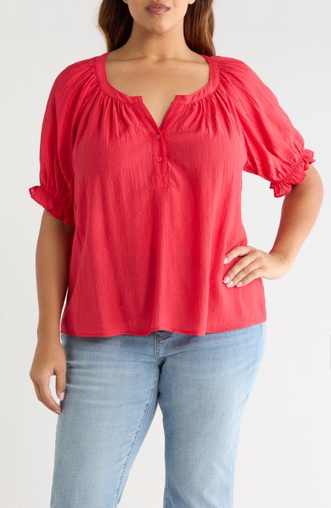 Crinkled Puff Sleeve Top (Plus)