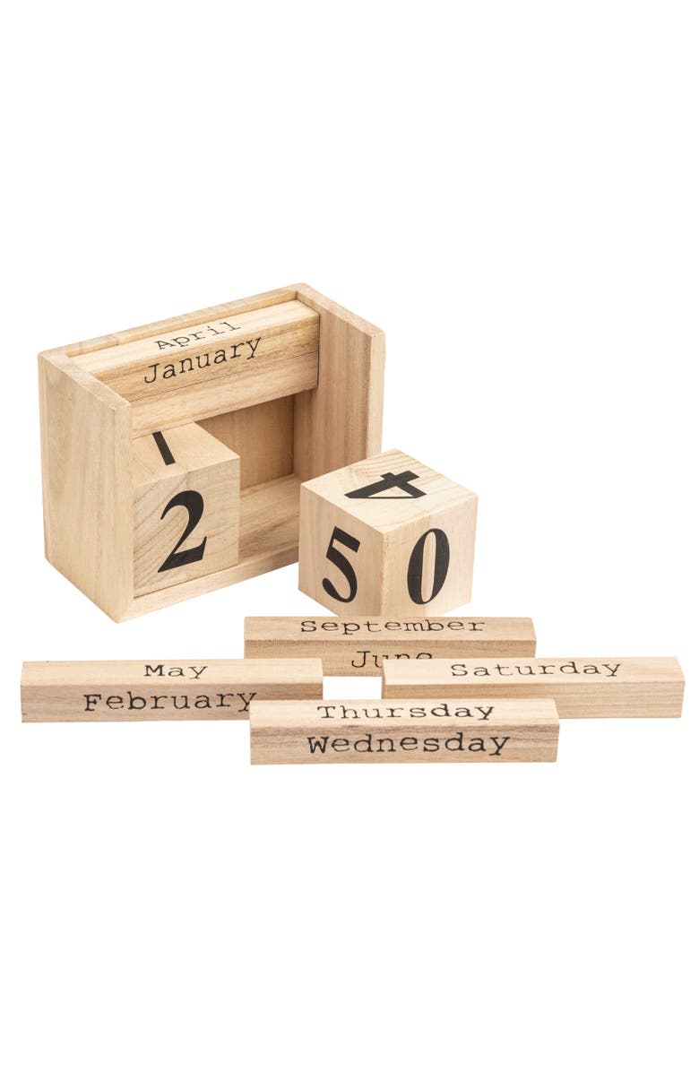 Storied Home Paulownia Wood Perpetual Calendar, Main, color, Brown