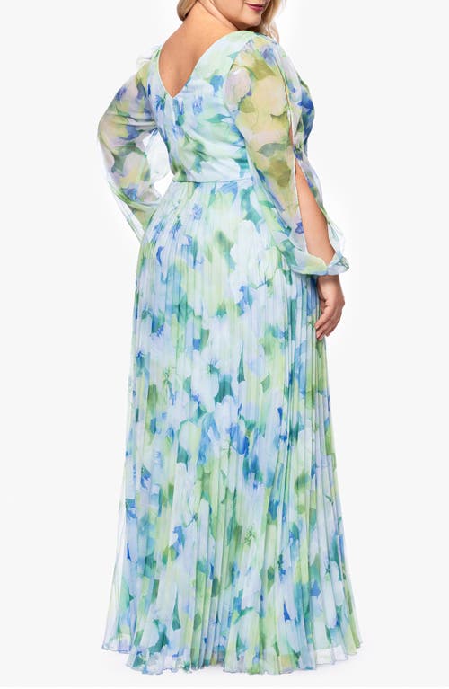 Shop Betsy & Adam Floral Long Sleeve Pleated Gown In Blue/multi