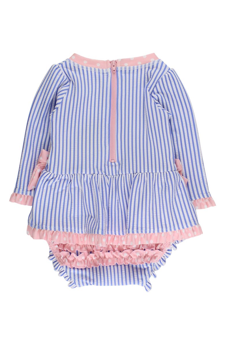 RuffleButts UPF50+ Seersucker Long Sleeve One Piece Bow Peplum Rash Guard Swimsuit, Alternate, color, Periwinkle Blue Seersucker
