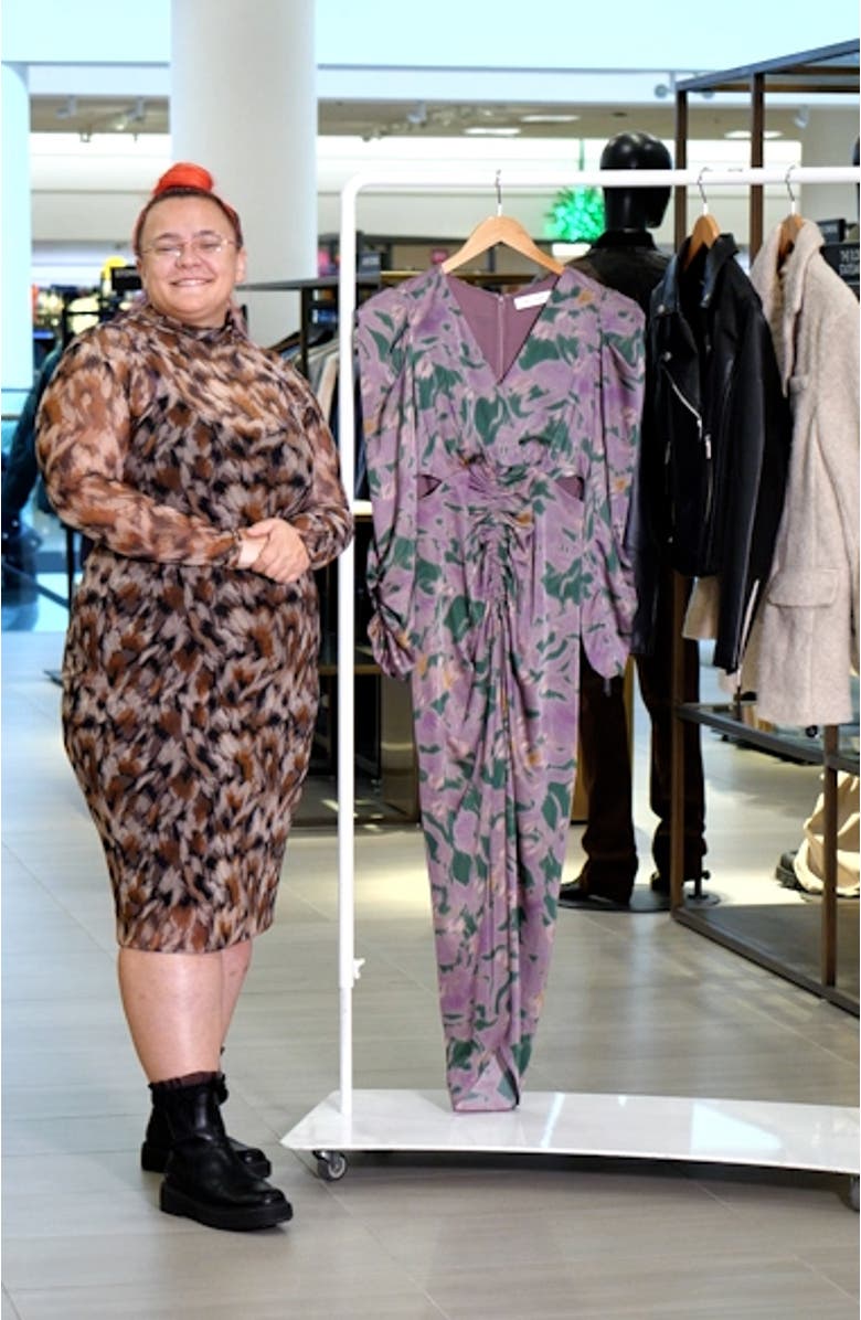 Cutout Ruched Long Sleeve Satin Dress, sales video thumbnail