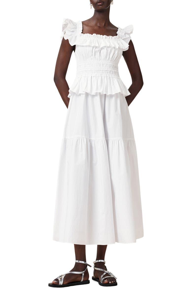 AllSaints Halia Ruffle Cotton Poplin Midi Sundress, Main, color, 