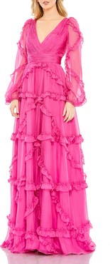 Mac Duggal Cascaded Ruffle Puff Sleeve A Line Gown