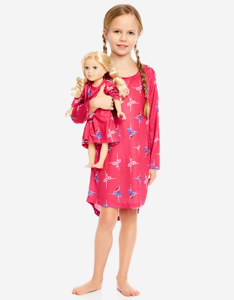 Girls Long Sleeve Nightgown with Matching Doll Nightgown, Printed Design