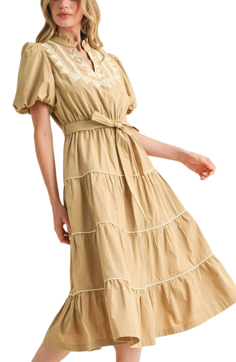 Knit and Lounge Embroidered Tiered Puff-Sleeve Tie-Waist Midi Dress, Alternate, color, 