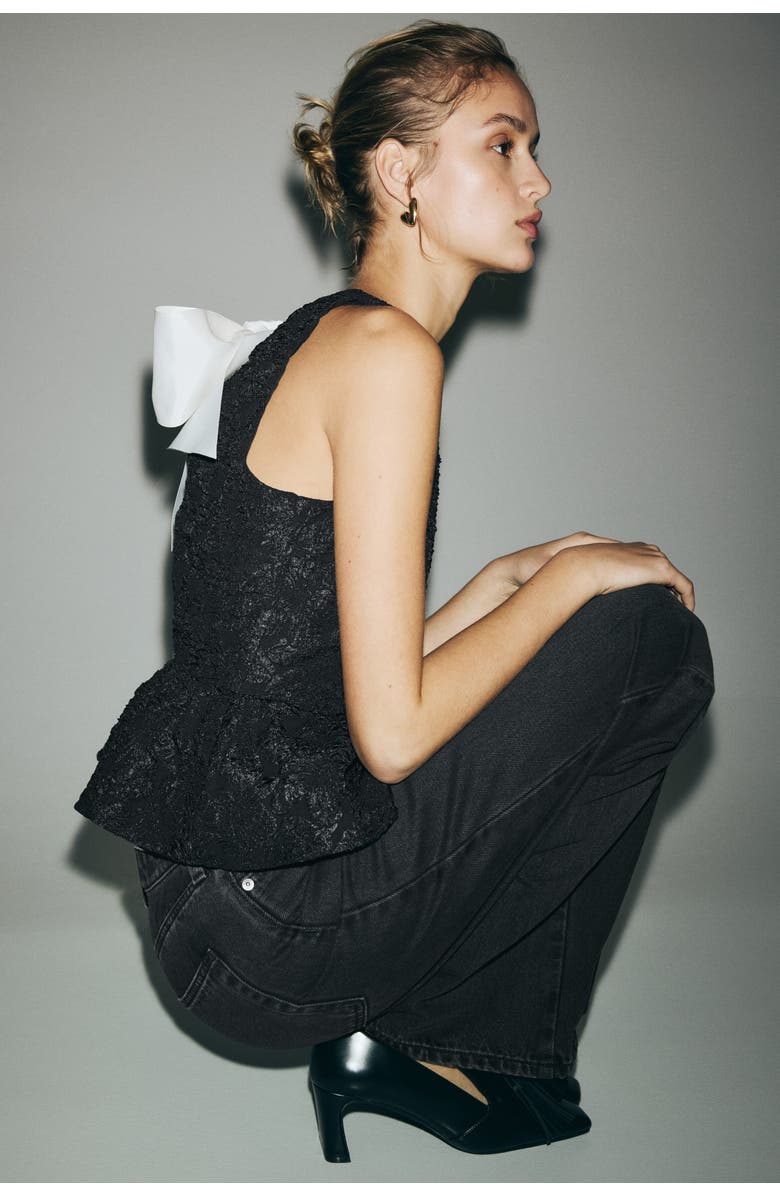 H&M Bow-detail Peplum Top, Alternate, color, Black