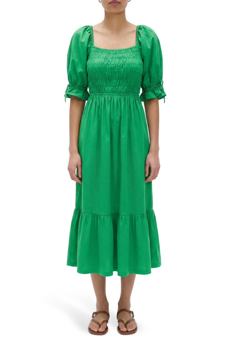 Puff Sleeve Cotton Midi Dress, Main, color, GREEN
