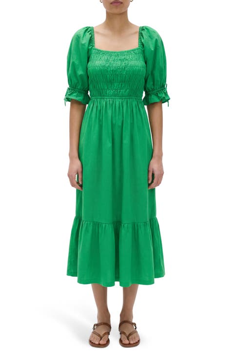 Puff Sleeve Cotton Midi Dress