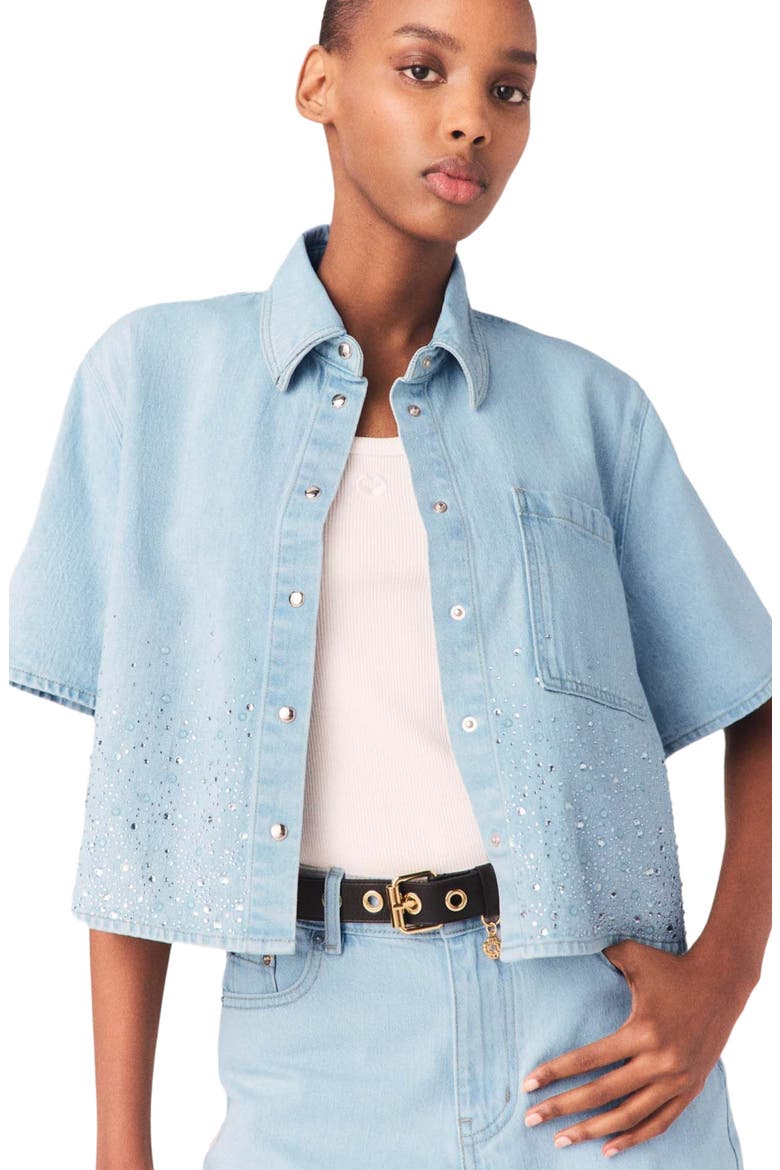 Cropped rhinestone denim shirt, Main, color, Blue sky