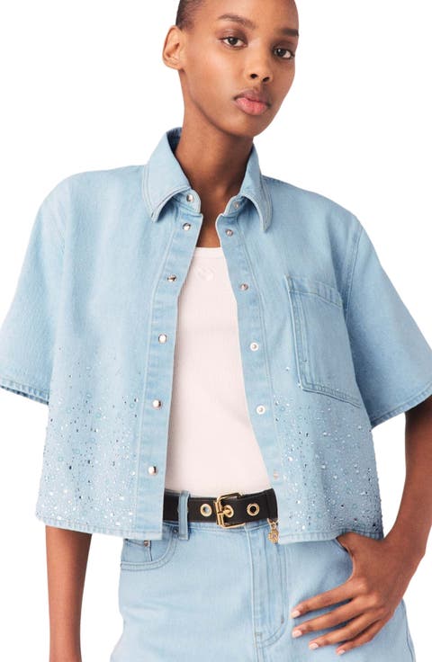 Cropped rhinestone denim shirt