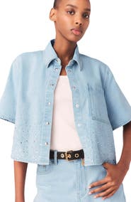 maje Cropped rhinestone denim shirt