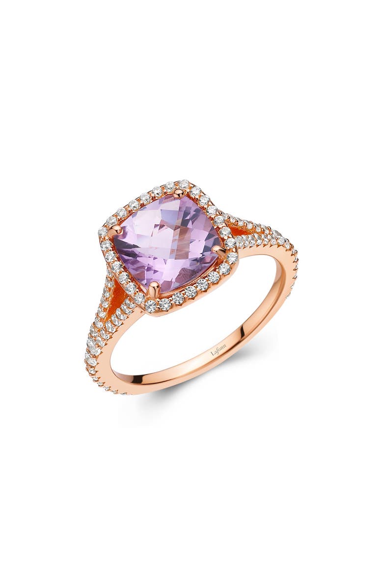 Lafonn Rose Gold Plated Sterling Silver Cushion Cut Amethyst Simulated Diamond Halo Split Shank Ring, Main, color, 